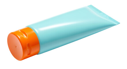 A turquoise squeeze tube with an orange fliptop cap isolated on transparent background