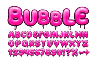 Sweet Pink Bubble Font with Dripping Effect. A fun and glossy alphabet for playful designs.