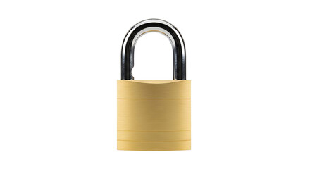 A brass padlock with a silver shackle isolated on transparent background