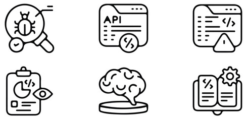 Tech Development Icons, Set Of Bug API Code And Brain Symbols For Software Design Project Management And Programming Applications

