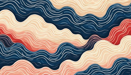 Abstract wavy pattern in blue, coral, beige tones. Thin white lines create texture on flowing organic shapes. Modern graphic design resembles water or sand dunes, evoking sense of calm, movement.