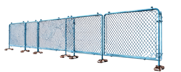 A row of blue temporary chain link construction fences with metal posts and concrete bases set against a clean white background