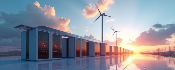 Data center with wind turbines against sunset. Server farm uses wind power. Eco friendly tech for data storage. Digital cloud services use sustainable resources and clean energy.