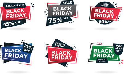 Black Friday Geometric Sticker Banner Set: 6 Modern Discount Designs with 15% to 75% Off Tags for Social Media and Marketing Campaigns