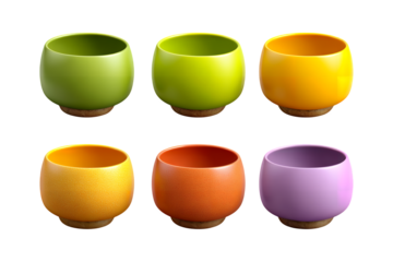 Vibrant collection of six small ceramic bowls showcasing modern design and a beautiful spectrum of decorative colors transparent background