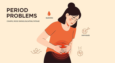 Worried woman experiencing period problems like cramps, fatigue, bloating, mood swings, and skin issues needs relatable health content for menstruation awareness and feminine care campaigns