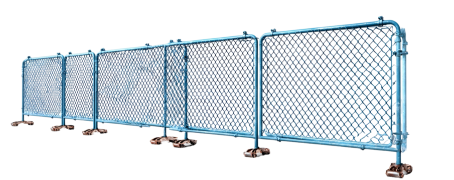 A row of blue temporary chain link construction fences with metal posts and concrete bases set against a clean white background