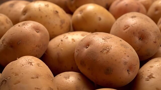 Lush heap of fresh, uncleaned potatoes with natural skin. Close up shot gliding across the homegrown tubers for an agriculture and culinary theme
