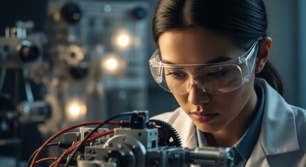Fototapeta premium Young engineer works intently on robotic technology in a lab during evening hours
