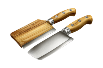 Two professional kitchen knives cleaver and chef knife with natural wooden handles ready for culinary use transparent background