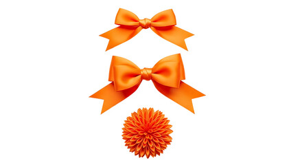 Two orange satin bows and a decorative orange flower isolated on transparent background