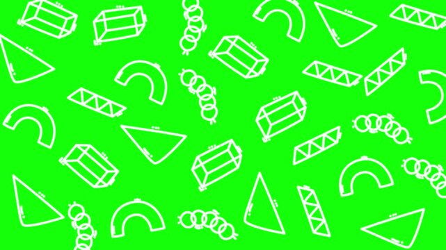 Seamless Geometric Pattern Design Featuring Triangles, Cubes, and Chains in Bright Green Background, Abstract Graphic Illustration