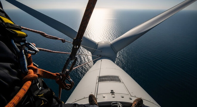 Person on top of wind turbine overlooking the ocean - Powered by Adobe