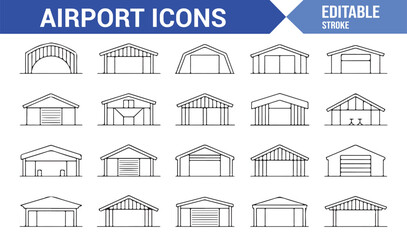 Modern Airport Building Icons in Outline Style — Vector Hangar and Terminal Illustrations