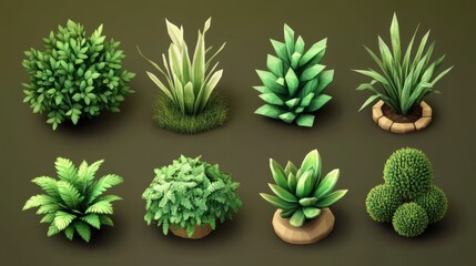 Fototapeta premium Collection of eight different green potted plants and foliage, showcasing various shapes and textures