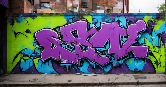 Bold purple and blue graffiti throw-up on crackled neon green wall