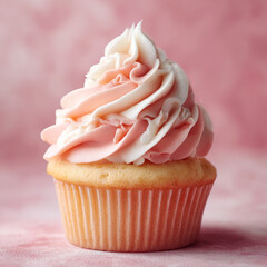 Soft Pink and White Swirl Frosting Cupcake on Pink Background, Sweet Dessert Food Photography
