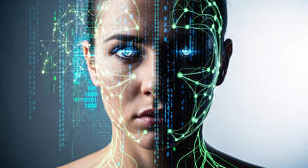 AI and Human Face Fusion with Digital Network Overlay