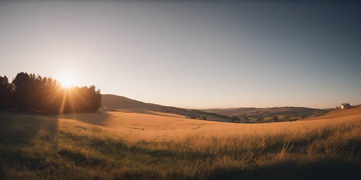 Sunset view over golden wheat fields and rolling farmland with distant farm