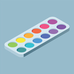 Circular watercolor wells in a white plastic palette, arranged in two rows and filled with vibrant colors—angled on a light blue background for a dynamic, artistic look.