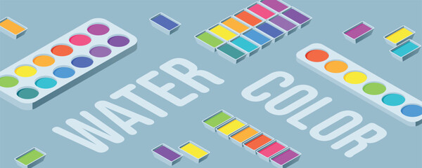 Vibrant watercolor palettes on a light blue background with scattered paint blocks and bold 