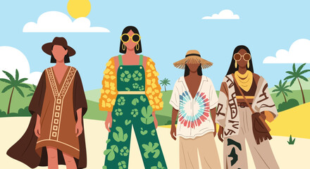 A vibrant flat design illustration featuring diverse attendees showcasing unique and sustainable festival fashion styles at Wonderfruit Festival. 