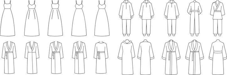 Fashion garment CAD drawing, flat vector illustration of dress and robe designs, technical clothing template for apparel designers