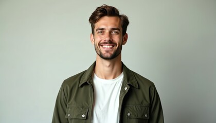 Obraz premium Young caucasian man smiles at camera wearing green jacket over white t-shirt. Happy male with beard in casual clothes on gray background. Friendly adult person with positive expression.