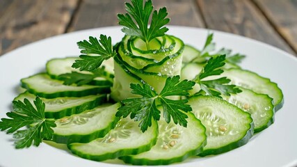 Gorgeously arranged cucumber salad adorned with vibrant parsley leaves presented on a pristine white plate. This delectable and nutritious vegetarian starter is sure to please any palate