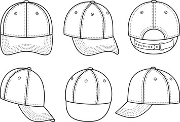 Cad drawing flat vector illustration of baseball cap technical sketch, adjustable hat template, unisex fashion design front and back views
