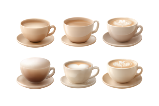 Six inviting cappuccino and latte cups with saucers featuring warm frothy milk delicious hot drinks perfect for coffee lovers transparent background