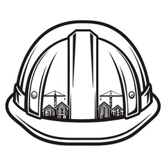 Hard hat with houses and cranes landscape outline construction safety concept art