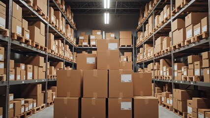 Businessman's hand unlocking a large metal door revealing a huge, modern warehouse full of cardboard boxes and parcels on metal racks - Powered by Adobe