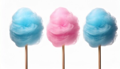 pink and blue cotton candy on wooden stick isolated on white background