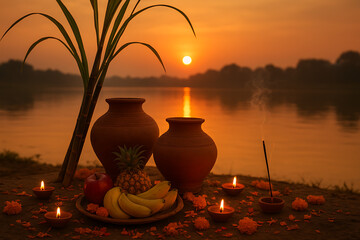 Arghya offerings on a riverside during sunset featuring clay pots, sugarcane stalks, fruits, and lit diyas, a traditional part of the Hindu happy chhath puja rituals