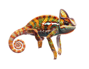 Vibrant veiled chameleon with swirling tail on black background