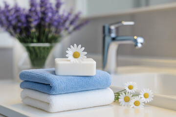 Fresh bathroom decor with soap, towels, and daisies for a tranquil home spa experience