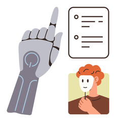 Robotic hand pointing upward, checklist for tasks, and person holding a mask highlight AI, decision-making, and human identity themes. Ideal for ethics, technology, and innovation. Simple flat