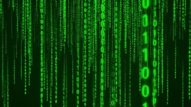 Futuristic digital binary code streams create mesmerizing visual effects, showcasing vibrant green numbers cascading against dark matrix, evoking sense of technology and data innovation