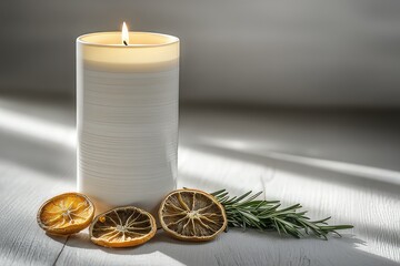 A white candle sits among dried oranges and a sprig of rosemary