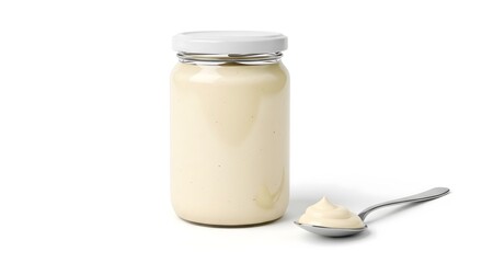 Blank Glass Jar Mockup with Mayonnaise or Creamy Condiment and Spoon