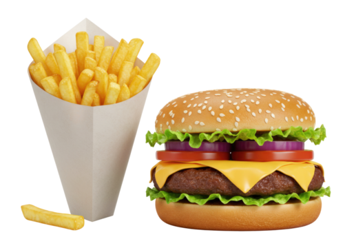 Delicious burger and fries transparent background cutout png