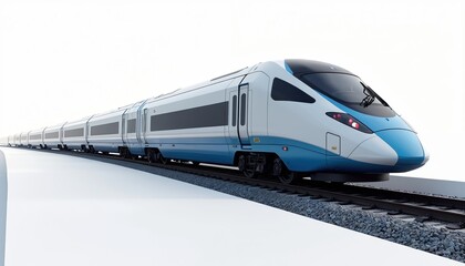 Naklejka premium Sleek modern high speed train moves on tracks. White and blue locomotive travels fast on rail. Commuter train with carriages, transport industry innovation.