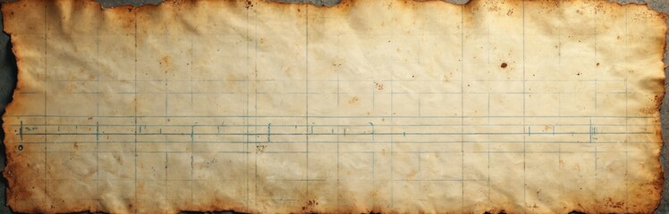 Aged music sheet with blue lines, notes seen. Worn paper shows music notation, scores. Grunge music manuscript with texture for artistic projects, design resources. Vintage musical score creates