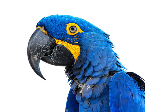 Vibrant blue hyacinth macaw parrot with yellow accents against black background