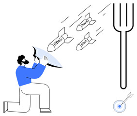 Person kneeling with a shield blocks incoming DDOS missiles, large fork icon, and a target on the ground. Ideal for cybersecurity, digital safety, threat protection, resilience, data defense, risk