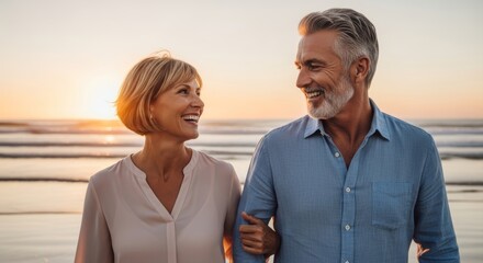 Obraz premium Happy senior couple walking and laughing together on the beach at sunset, golden hour lighting, candid moment, warm tones, lifestyle photography style