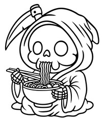 Grim Reaper Eating Noodles — Skeleton in Hooded Cloak Holding Bowl of Ramen with Chopsticks. Halloween Character with Scythe