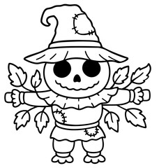 Pumpkin Scarecrow with Leaves — Smiling Jack O’Lantern Head in Witch Hat and Patch Clothes, Standing Harvest Guardian for Halloween Night