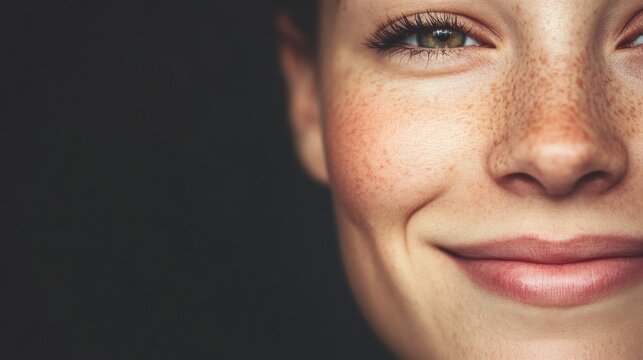 Smiling woman with freckles captures joy and warmth in a close-up portrait against a dark background - Powered by Adobe